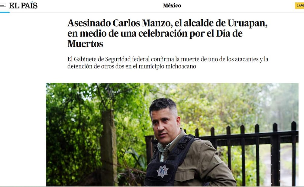 Cobertura de El País  sobre el asesinato de Carlos Manzo. Foto: Captura de pantalla