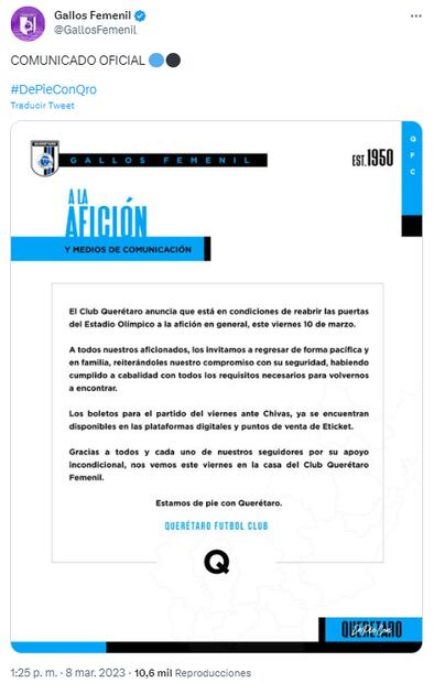 Afición de Querétaro regresará al estadio tras un año de veto