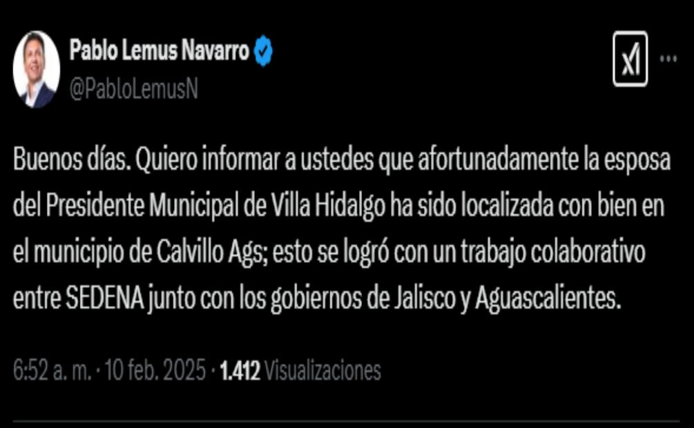 Gobernador de Jalisco informa liberación de esposa de alcalde de Villa Hidalgo. Foto: Captura de pantalla
