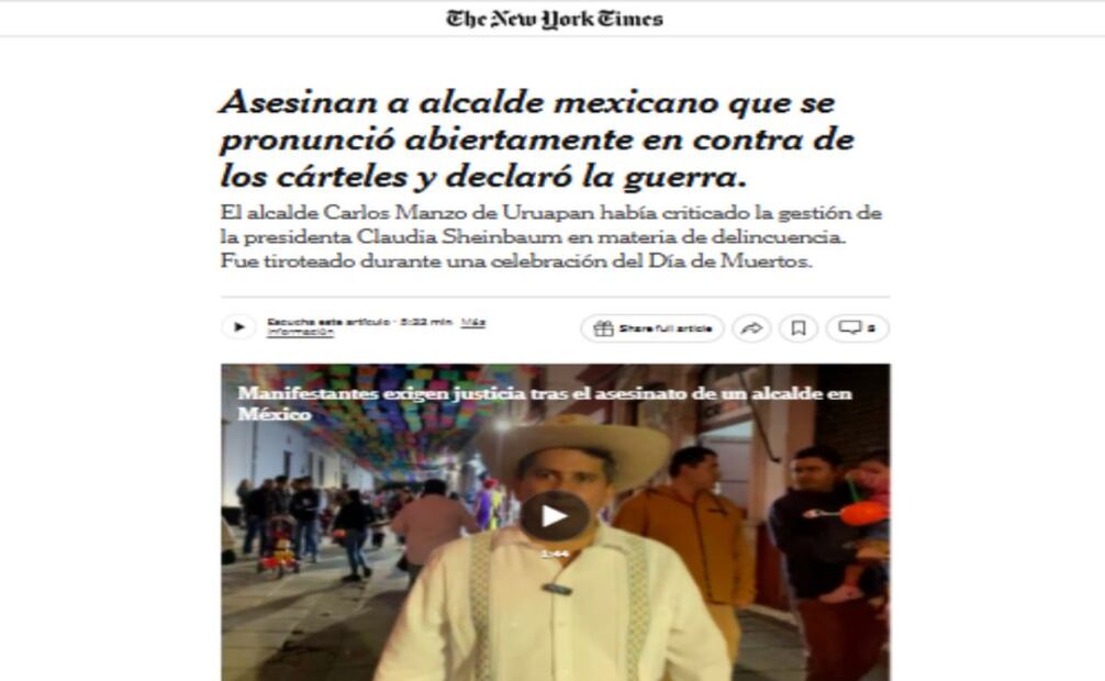 Cobertura del New York Times sobre el asesinato de Carlos Manzo. Foto: Captura de pantalla