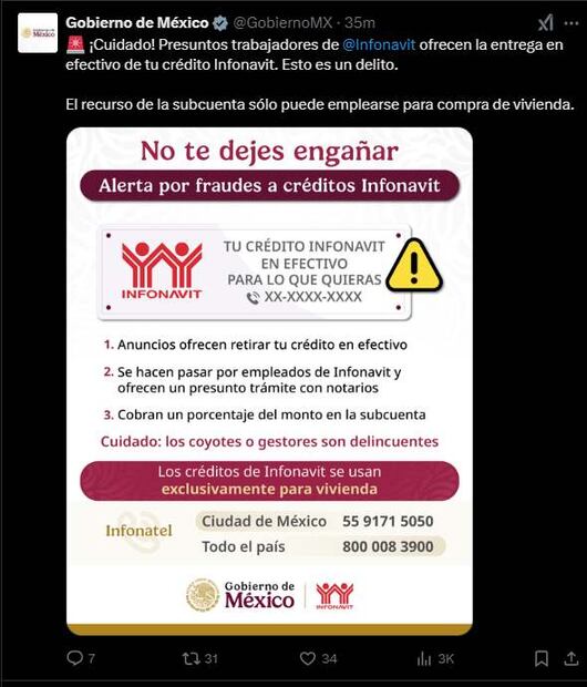 Gobierno de México alerta por fraudes a créditos Infonavit. Foto: Captura de pantalla