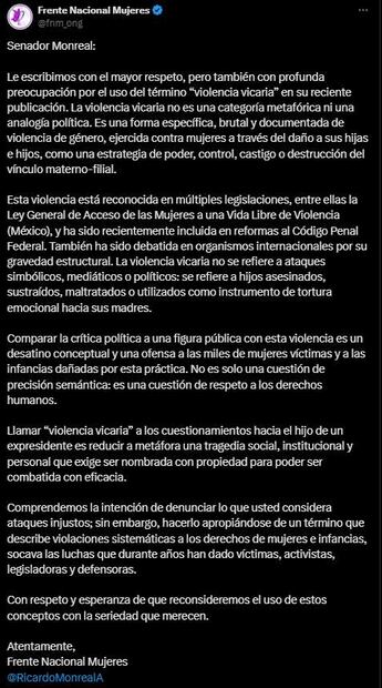 Posteo del Frente Nacional Mujeres (FNM). Foto: Captura de pantalla