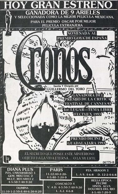 Anuncio en EL UNIVERSAL sobre el estreno de Cronos, el 3 de diciembre de 1993. Tuvo funciones en el cine Diana y en otros complejos del Área Metropolitana, pero su número de presentaciones se redujo en menos de dos semanas; la última exhibición fue en el cine Bucareli, en febrero de 1994. Foto: Hemeroteca EL UNIVERSAL.
