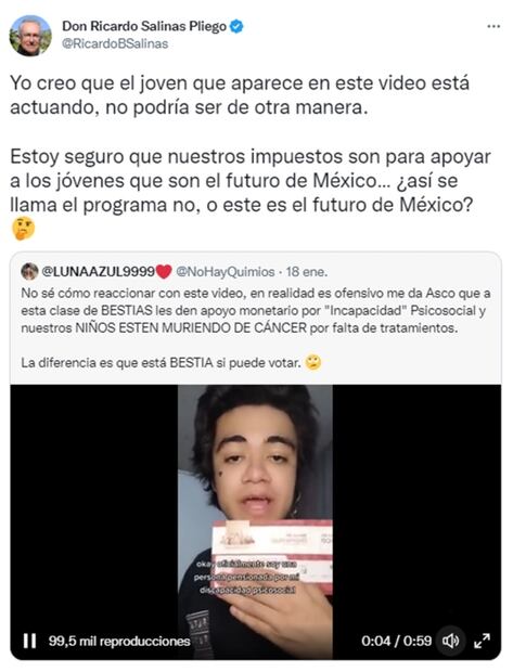Ricardo Salinas cuestiona pensión a joven con discapacidad psicosocial: "está actuando"
