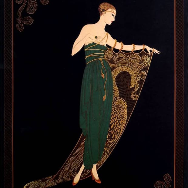 Erté continuó sus trabajos creativos hasta sus últimos años de vida. “Noche esmeralda” es una pintura de 1987 que demuestra que no perdió el toque, a pesar de haber realizado infinidad de prendas, ilustraciones y esculturas. Pinterest.