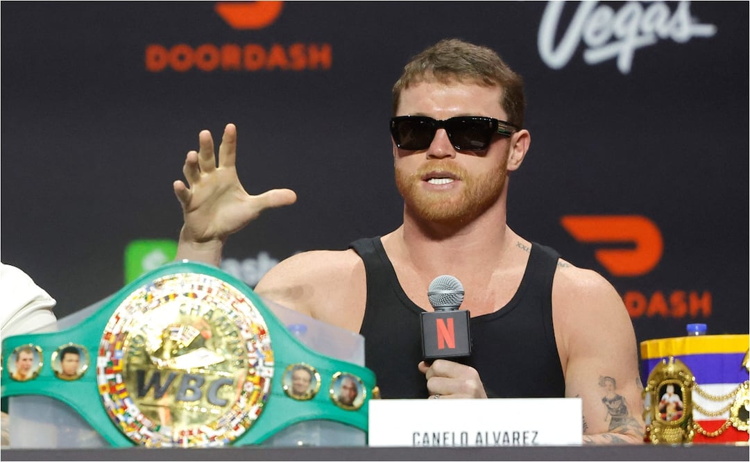 Canelo Álvarez en su última conferencia antes de pelear contra Terence Carawford. FOTO: AFP