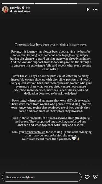Publicación de Sanly Liuu, Miss Indonesia 2025.
Foto: Instagram