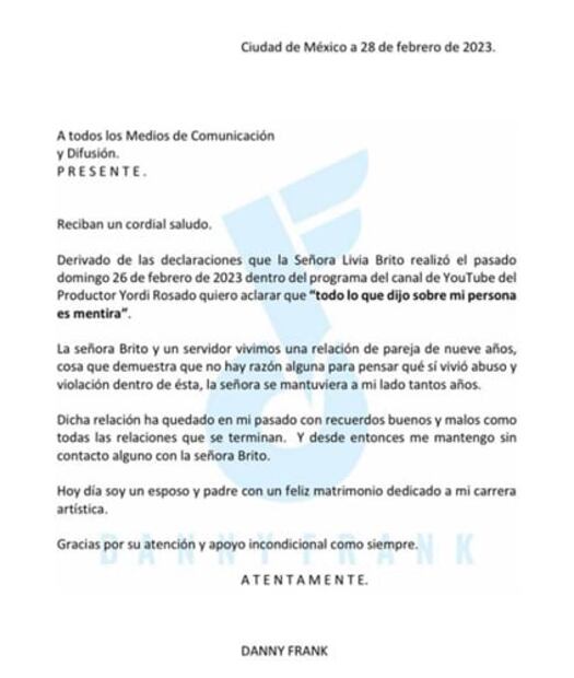 Danny Frank responde a Livia Brito tras señalarlo de presunto abuso: "Le pido que me deje en paz"