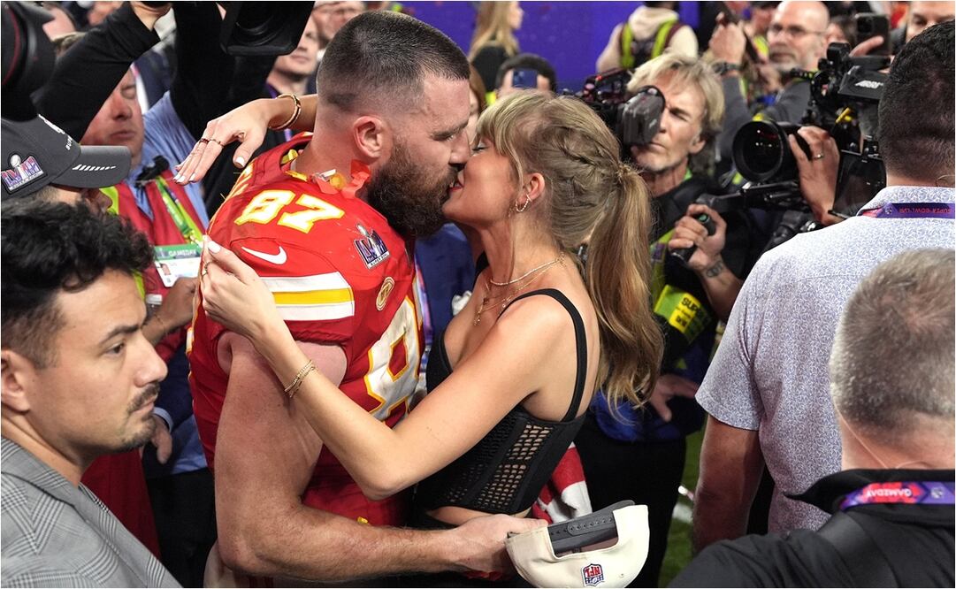 Taylor Swift y Travis Kelce durante un Super Bowl. FOTO: AP