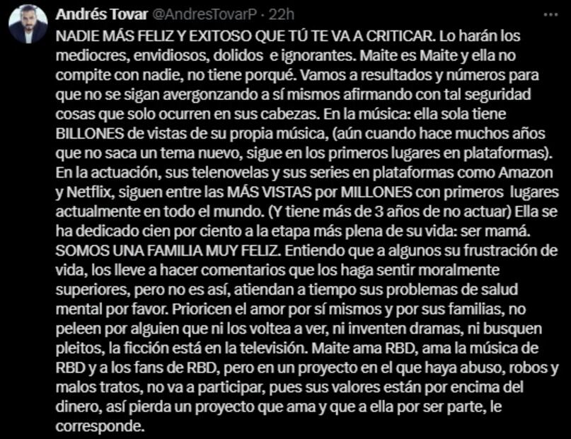 Andrés Tovar defendió a su esposa de los haters. Foto: Vía X.