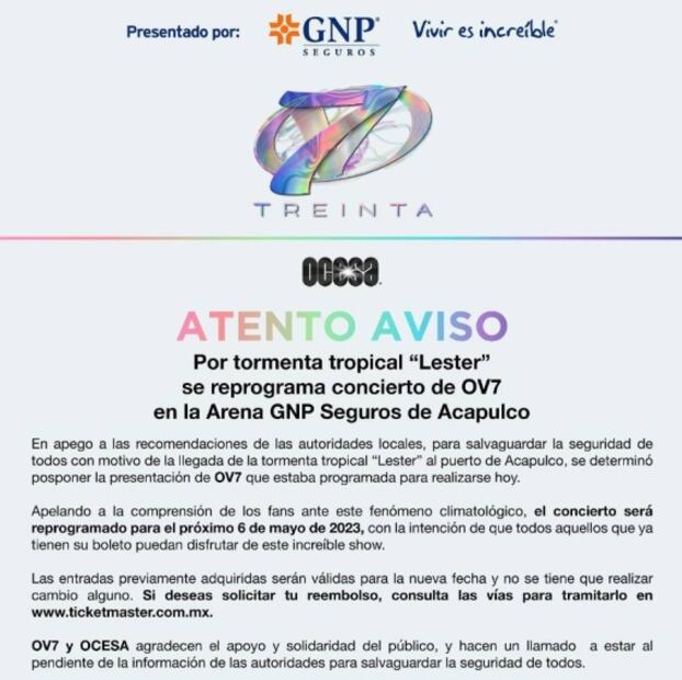 OV7 pospone concierto en Acapulco por tormenta tropical "Lester"