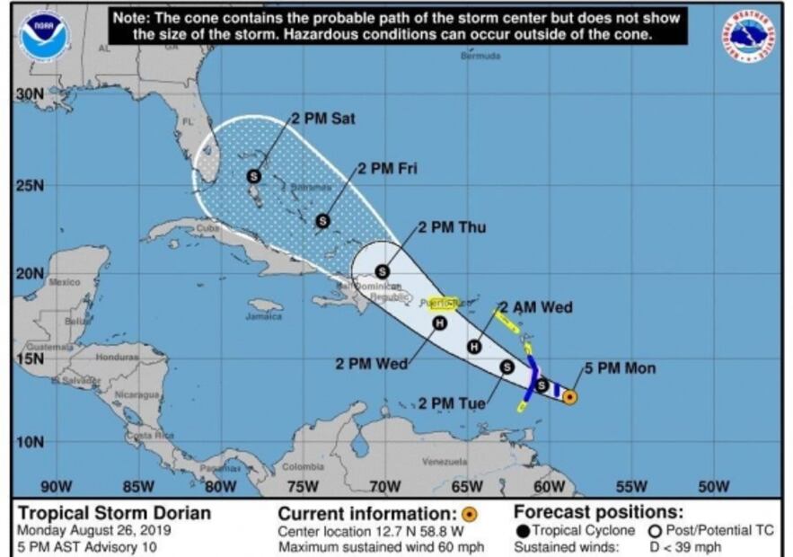 Tormenta tropical “Dorian” avanza por el Caribe y se aproxima a Puerto Rico