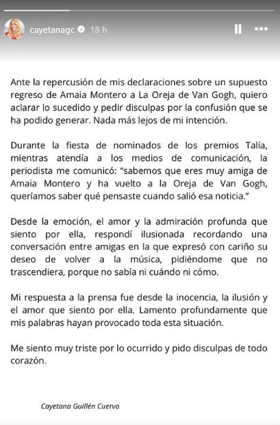 La actriz Cayetana Guillén Cuervo, quien es muy amiga de la cantante, confirmó sin querer que esta sí regresará a La Oreja de Van Gogh, luego se retracta.