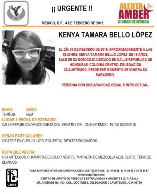 PGJ activa Alerta Amber por menor desaparecida en la delegación Cuauhtémoc