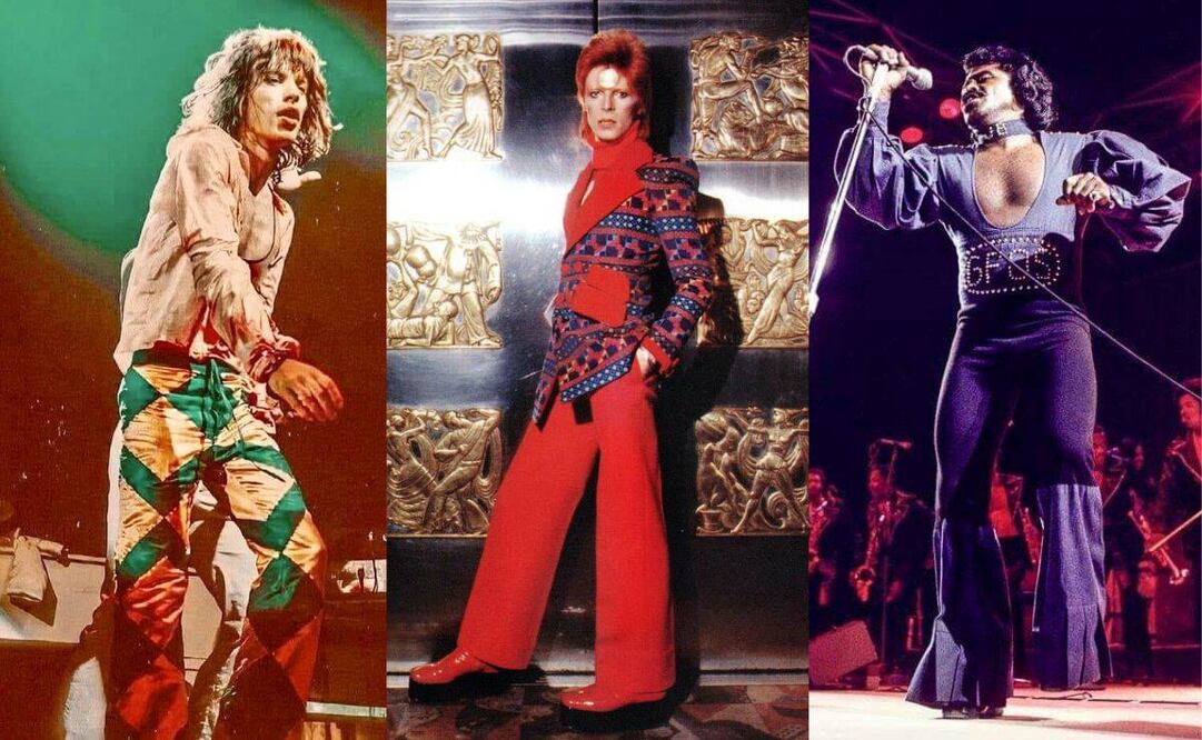 El estilo setenteros se mostraba despreocupado por usar colores, formas y texturas alocadas. Estrellas del espectáculo como Mick Jagger, David Bowie y James Brown (izq. a der.) explotaron al máximo las posibilidades que les ofreció la moda de la época. Imágenes: Pinterest.