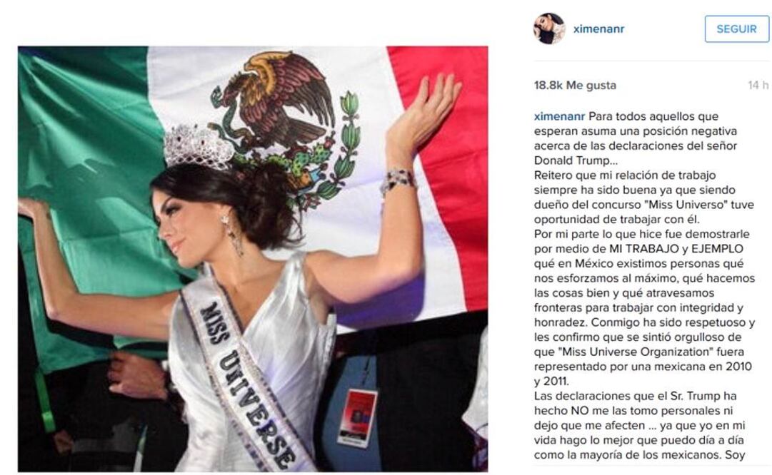 Usó su cuenta de Instagram para hablar sobre lo dicho por Trump