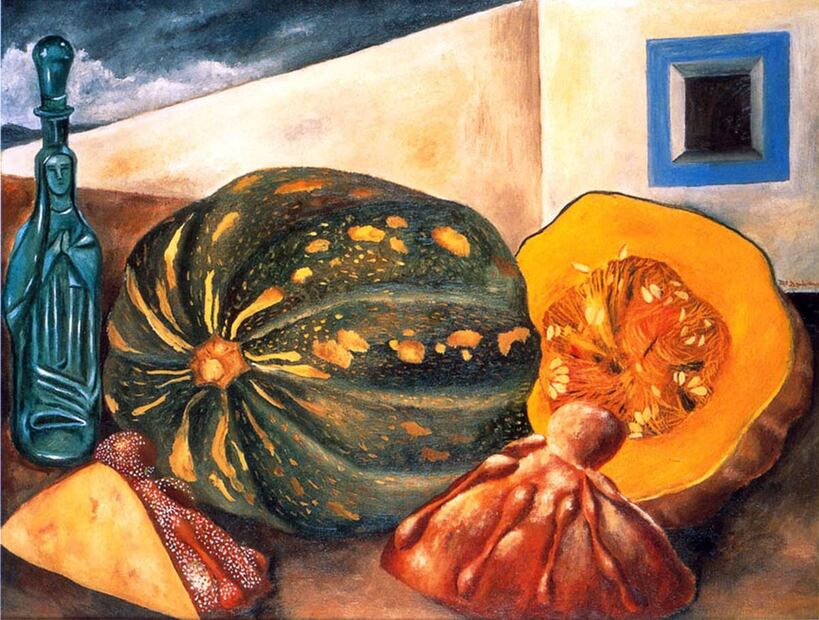 María Izquierdo fue una pintora mexicana de la primera mitad del siglo XX. Entre sus gustos, como paisajes, autorretratos y la vida circense, también creó escenas costumbristas, como este bodegón de 1947, con un toque expresionista para las calabazas con el pan de muerto. Foto: Pubilc Domain Museum.