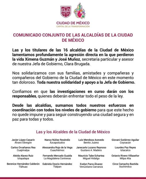 Alcaldes se solidarizan por asesinato de la secretaria particular y asesor de Brugada en Calzada de Tlalpan. Foto: Especial
