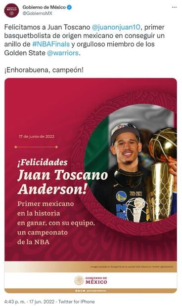 Juan Toscano recibe “tarde” la felicitación del Gobierno de México