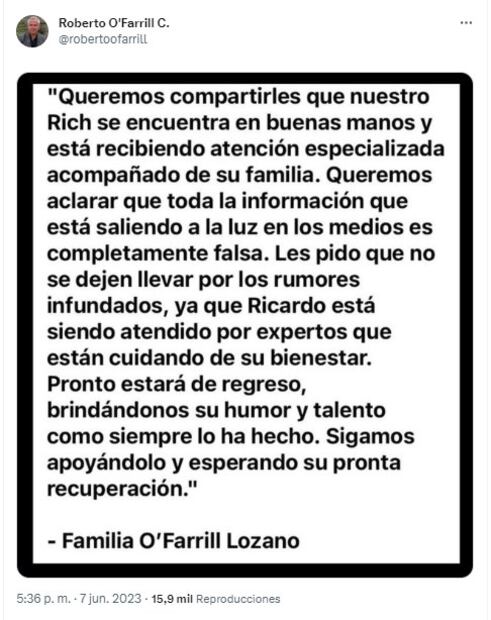 Tweet del Papá de Ricardo O'Farrill