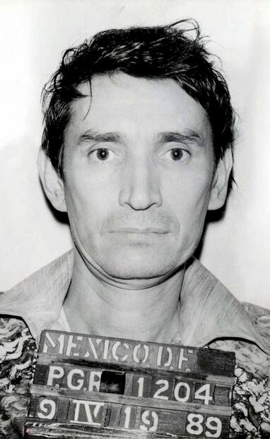 Fotografía del fichaje de Miguel Ángel Félix Gallardo, conocido como el “El jefe de jefes”. Al momento de su detención le fue dictada una sentencia de 28 años en abril de 1989. Foto: Archivo El Universal.