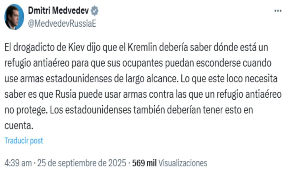 Dmitri Medvedev, vicepresidente del Consejo de Seguridad de la Federación Rusa y expresidente ruso. Foto: X @MedvedevRussiaE
