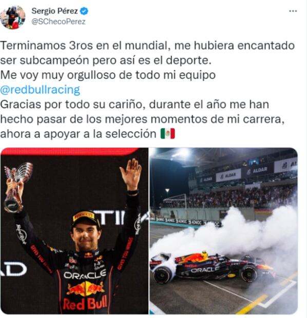 Checo Pérez y su emotivo mensaje tras el GP de Abu Dhabi: "Me hubiera encantado ser subcampeón"