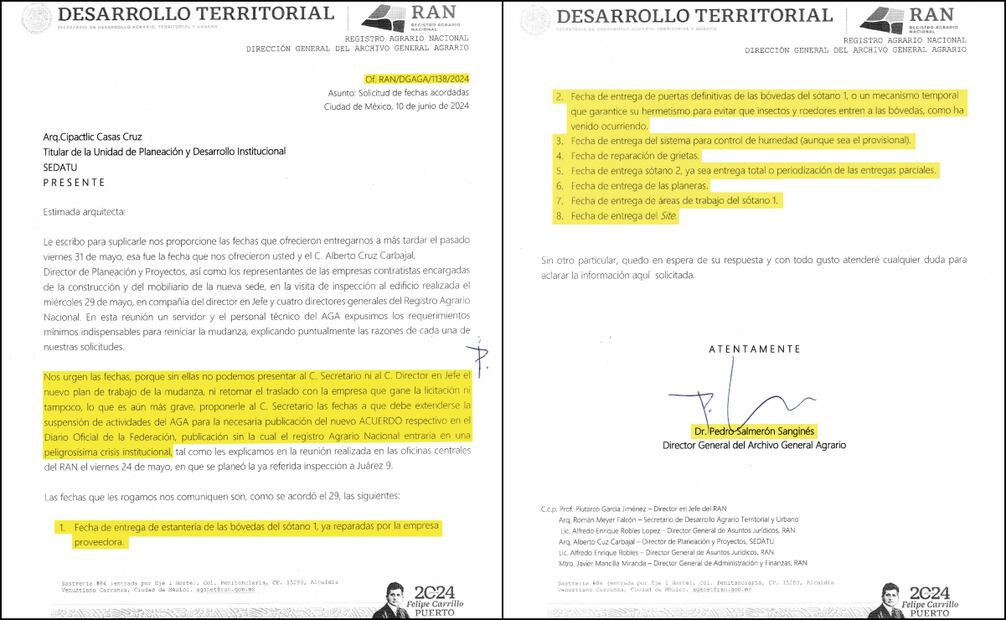 Los problemas en la edificación se enlistan en el oficio RAN/DGAGA/1138/2024 que Pedro Salmerón, director general del AGA, envió a la Sedatu el 10 de junio. Foto: Especial