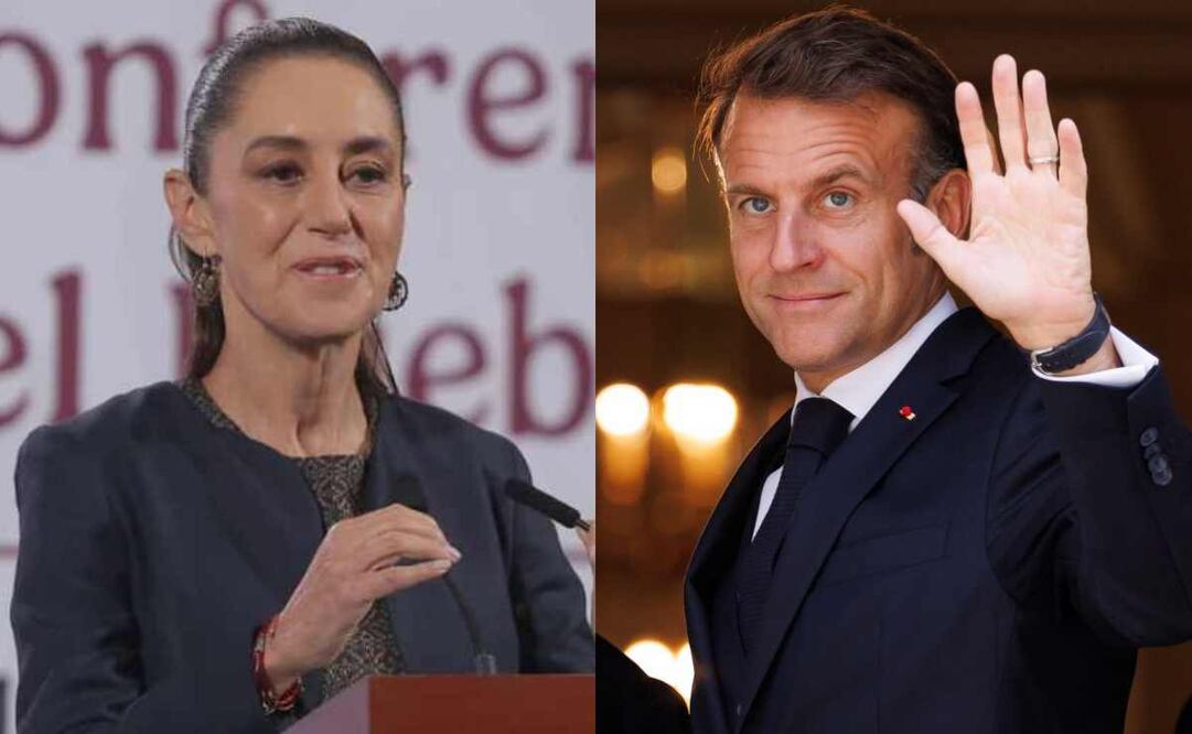 Claudia Sheinbaum, presidenta de México, durante la mañanera del 6 de noviembre del 2025 y su homólogo de Francia, Emmanuel Macron. Foto: Gabriel Pano/ EL UNIVERSAL y AP.