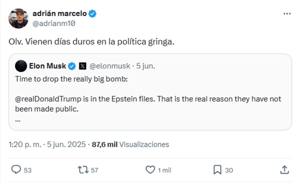 Adrián Marcelo reacciona ante recientes acusaciones de encubrimiento por parte de Musk. Foto: Red Social ´X´