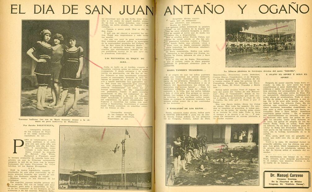 Descripción del Día de San Juan en un balneario por Jacobo Dalevuelta. Su compañero de ronda, el fotógrafo Carlos Muñana, lo acompañaba para ilustrar sus narrativas, Dalevuelta lo llamaba Muñanita. Hemeroteca de EL UNIVERSAL.
