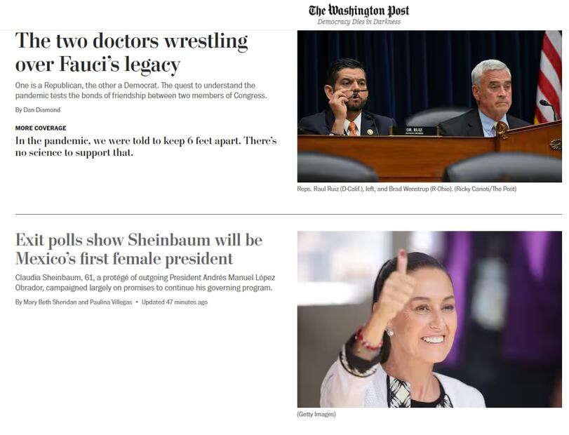 La portada del diario The Washington Post, sobre las elecciones en México. FOTO: CAPTURA