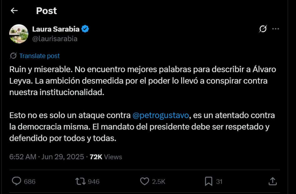Ministra de Relaciones Exteriores, Laura Sarabia a través de su cuenta oficial de X. Foto: captura de pantalla