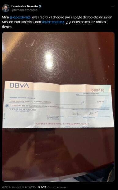 El presidente del Senado, Gerardo Fernández Noroña, compartió un cheque de lo que gastó en su vuelo a Francia. Foto: Captura de pantalla tomada de la cuenta de X de @fernandeznorona.