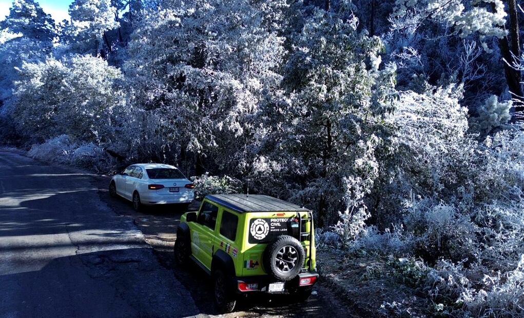 La onda gélida que experimenta Estados Unidos se resiente también este 22 de enero de 2025 en el norte de México, donde se registran temperaturas bajo cero, caída de nieve o aguanieve y lluvia congelante. Foto: @PC_NuevoLeon