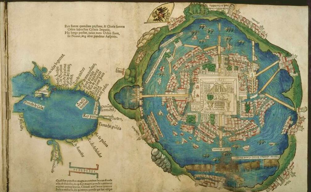 Mapa de Tenochtitlan, bajo el nombre de Temixtitan,  y del Golfo de México, reproducido en 1524 en Nuremberg, del original que envió Hernán Cortés al rey de España, Carlos V. Tomado de: Biblioteca Newberry.