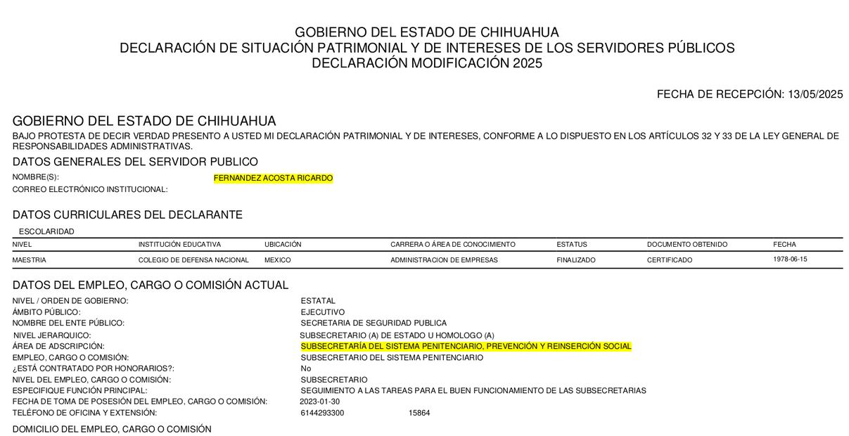 Declaración Patrimonial de Ricardo Fernández Acosta. Imagen: Captura de pantalla