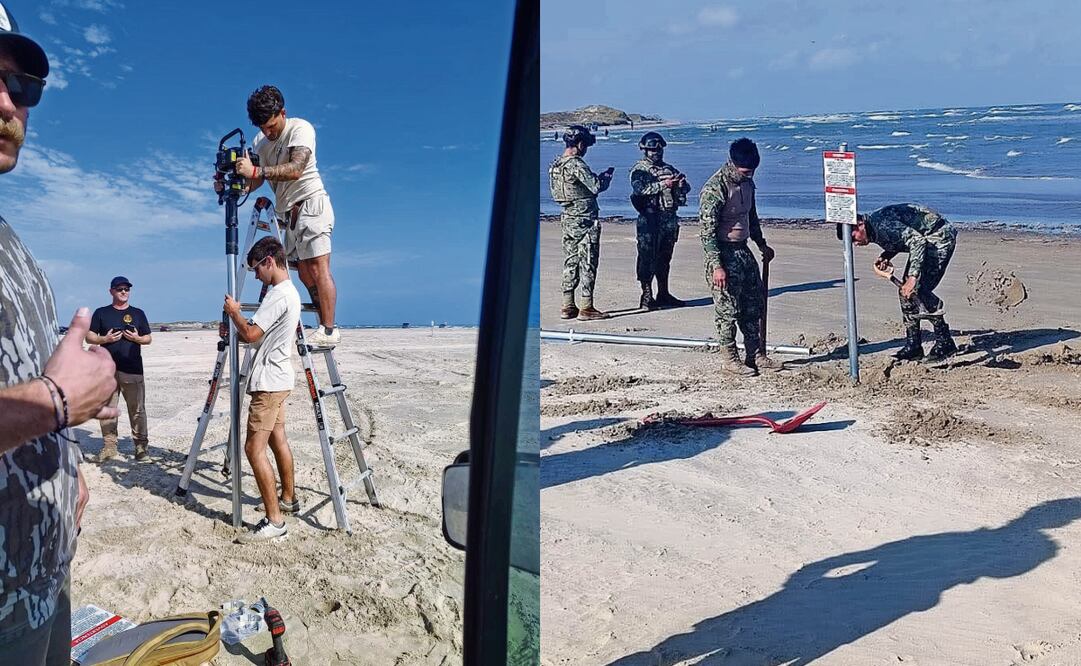 La mañana del pasado lunes, cuatro personas cruzaron el río Bravo desde Estados Unidos para colocar seis letreros en Tamaulipas, mismos que retiró la Marina. Fotos: Especial