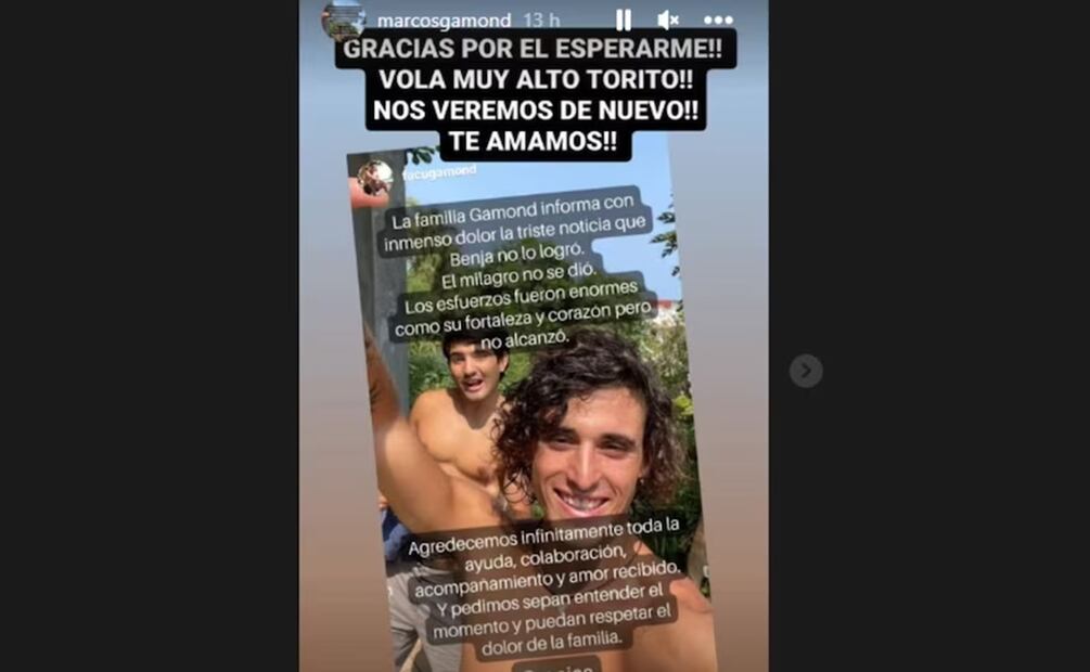 La conmovedora despedida a Benjamín Gamond por parte de su hermano. Foto: Instagram