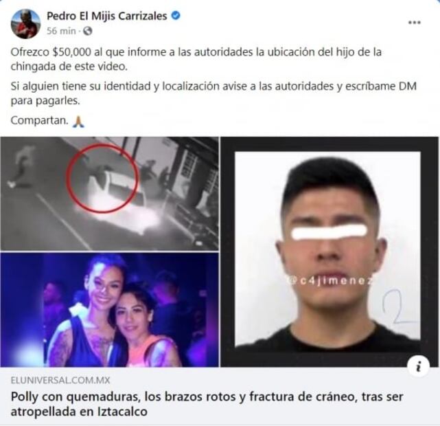 "El Mijis" ofrece 50 mil pesos para encontrar a Diego H por embestir a Polly Olivares en Iztacalco