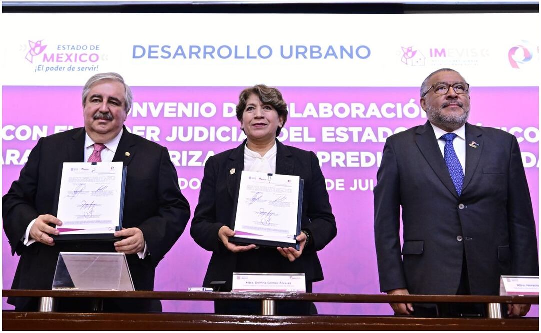 La gobernadora Delfina Gómez Álvarez, y el Presidente del Tribunal Superior de Justicia y del Consejo de la Judicatura del Poder Judicial del Estado de México, Ricardo Sodi Cuellar. Foto: Especial