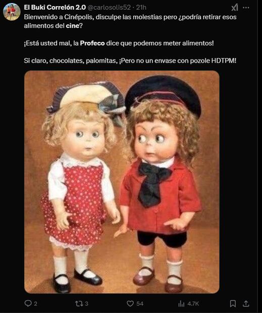 Recientemente, una supuesta lista de alimentos permitidos para ingresar a los cines se volvió viral en redes sociales, causando confusión entre los consumidores.
Foto: Captura de pantalla en X