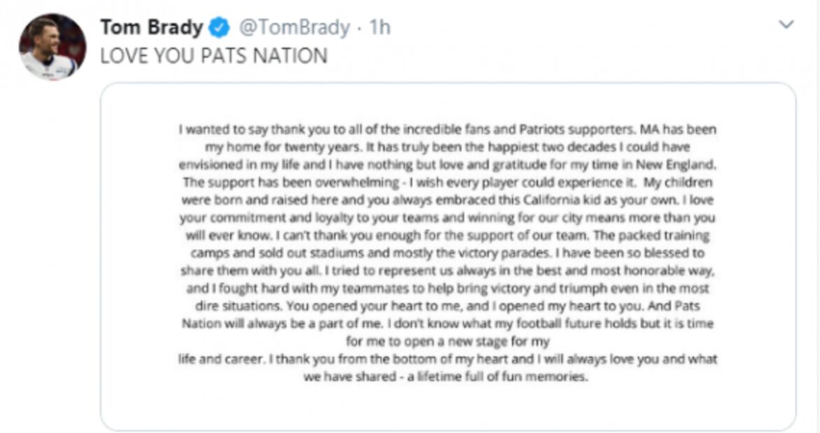 Tom Brady se despide de los Patriots de Nueva Inglaterra