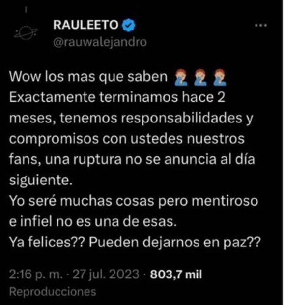 El cantante publicó un tajante mensaje en el que revelaba la fecha de su truene con Rosalía. Foto: Twitter