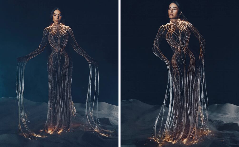Vestido que mezcló cristales y filamentos LED. Foto: Instagram @galileamontijo
