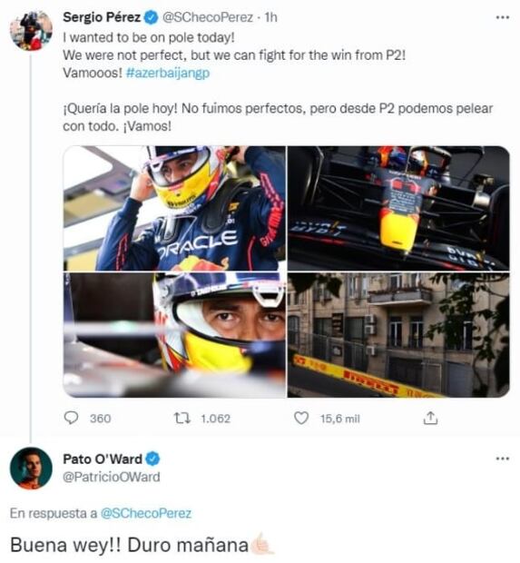 Pato O’Ward felicita a Checo Pérez por su resultado en el GP de Azerbaiyán