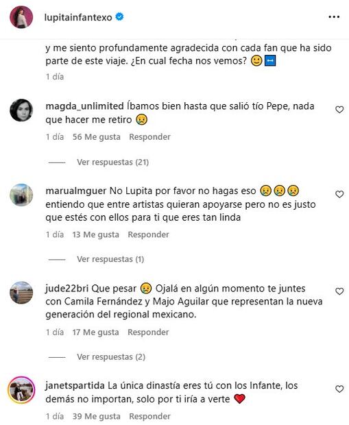 Fans de Lupita Infante  externan su descontento con anuncio de la cantante de que se presentará junto a Pepe y Leonardo Aguilar.