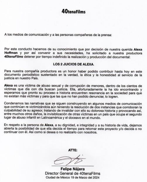 Alexa Hoffman suspende por tiempo indefinido el documental que se preparaba en contra de su padre, el actor Héctor Parra.