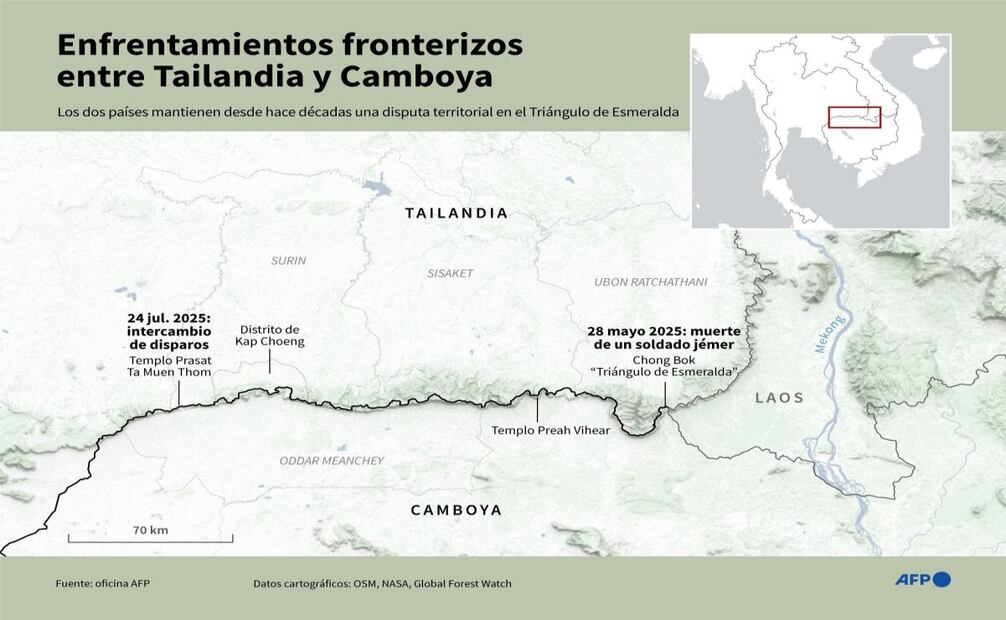 Mapa localizando la zona fronteriza entre Tailandia y Camboya donde se registraron enfrentamientos entre los dos países el 28 de mayo y desde el 24 de julio de 2025. Foto: AFP