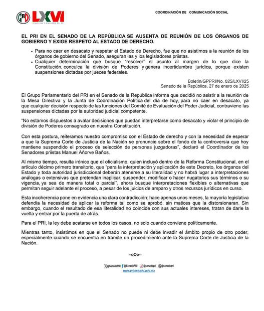 Bancada del PRI no asiste a reunión sobre elección judicial. Foto: X @SenadoPRI